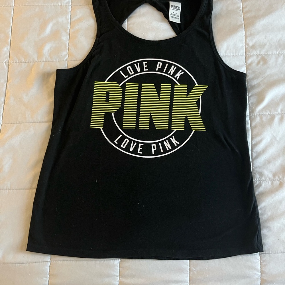 PINK Victoria's Secret Black Keyhole Open-back Tank Top with Neon Logo